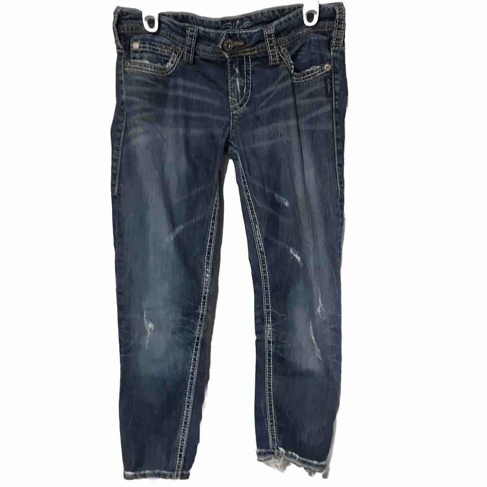 Silver Womens Jeans W28/L31 Blue Denim Capri Camden Skinny Embroidered Pocket
